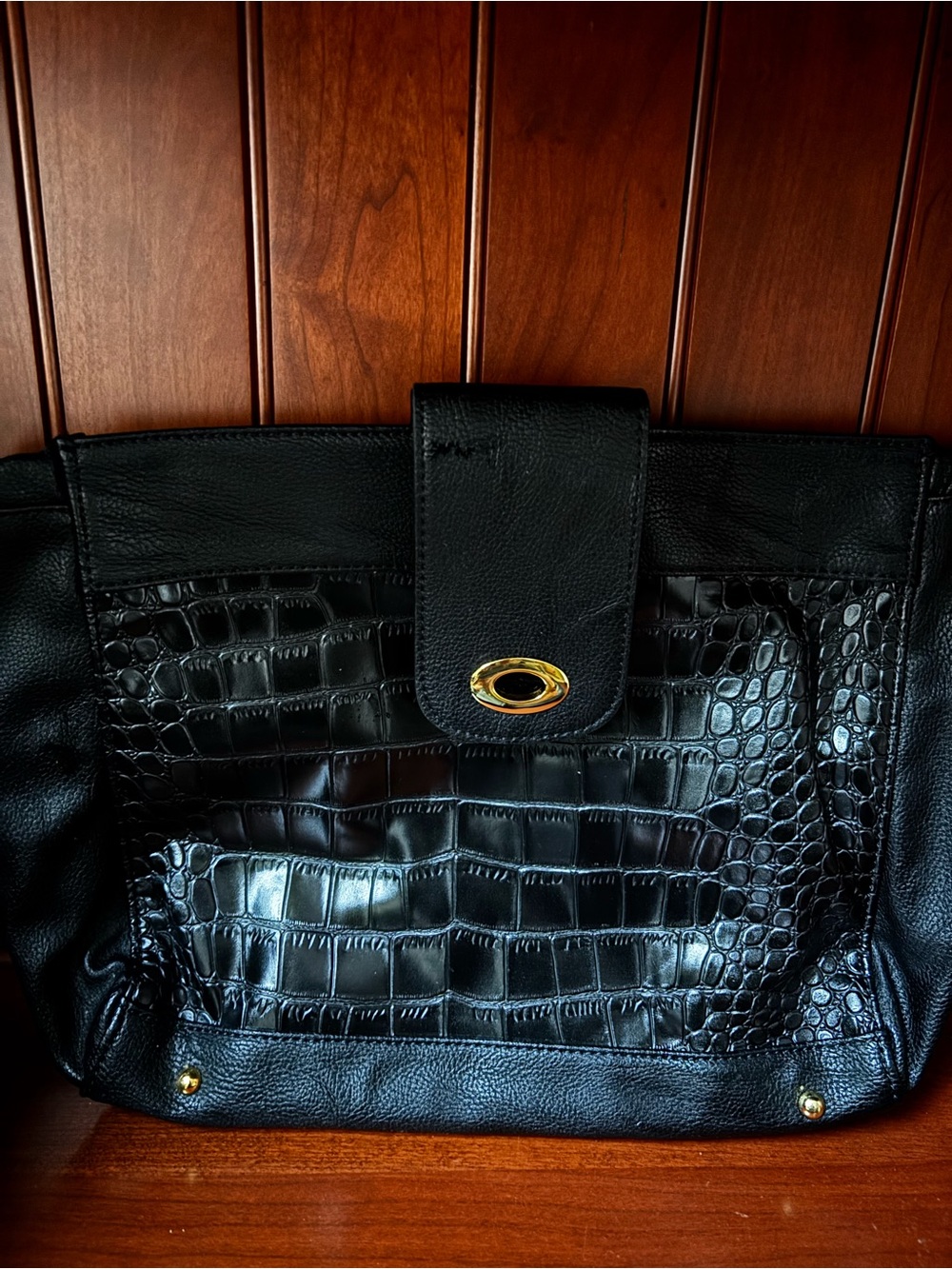 Black Croc-Embossed Leather Tote Bag with Gold Accent by Maria Mezzanotte